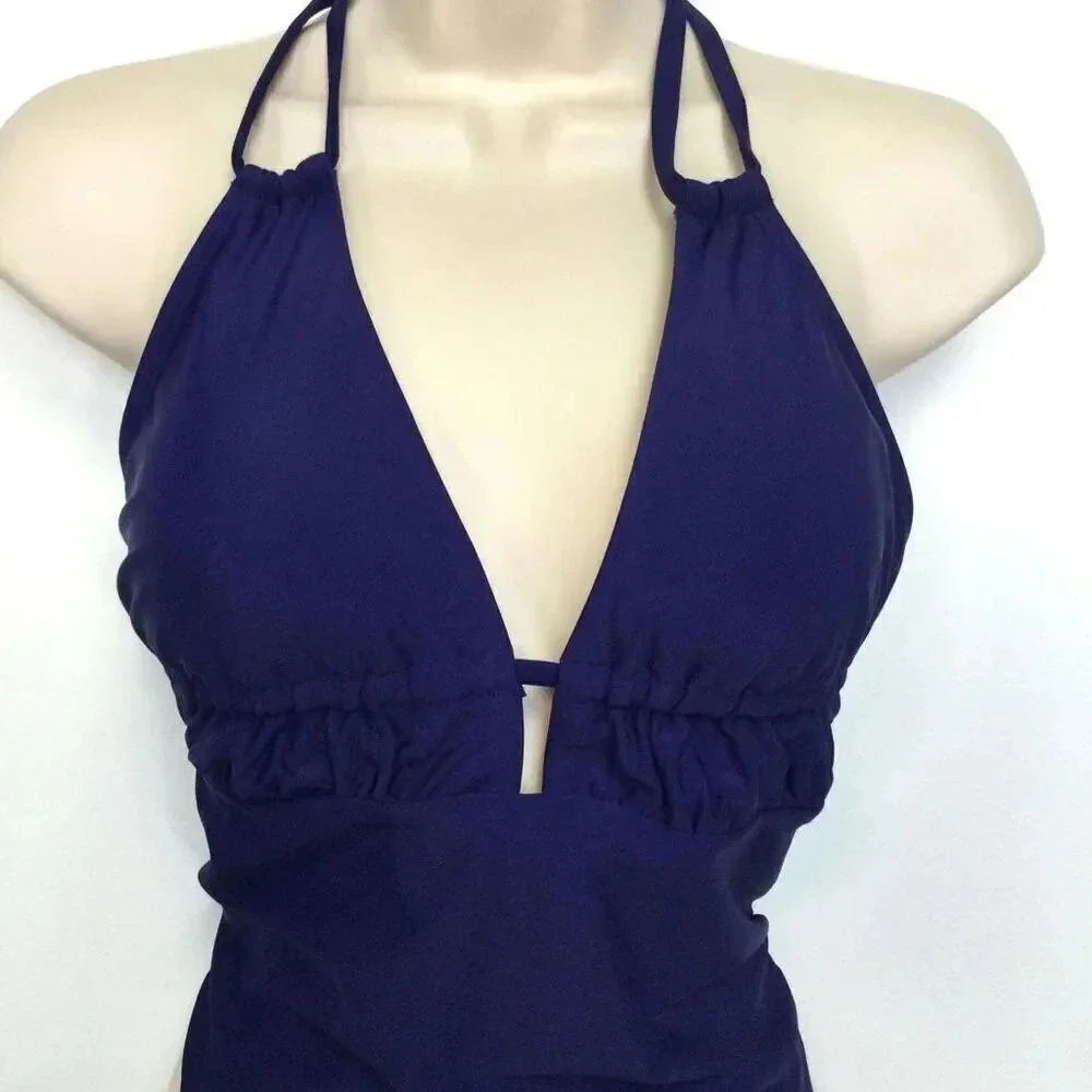 NWT Cupshe Womens‎ Navy Blue Tempest Shirred Tunneled One-Piece Swimsuit Large